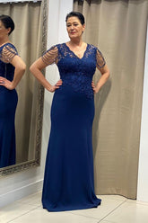 Short Sleeve Dark Blue V-neck Lace Chiffon Mother Of The Bride Dress Babyonlines